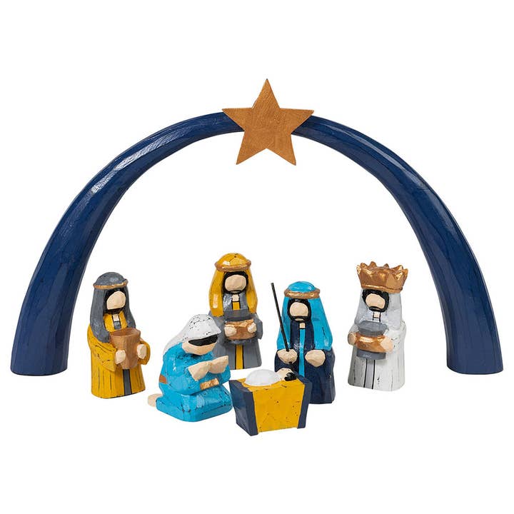 Painted Arch Albesia Wood Nativity - Set of 7 (8" H)