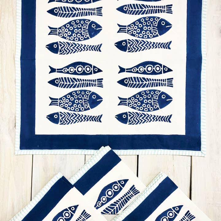 Blue/White Fish Block Print Napkin