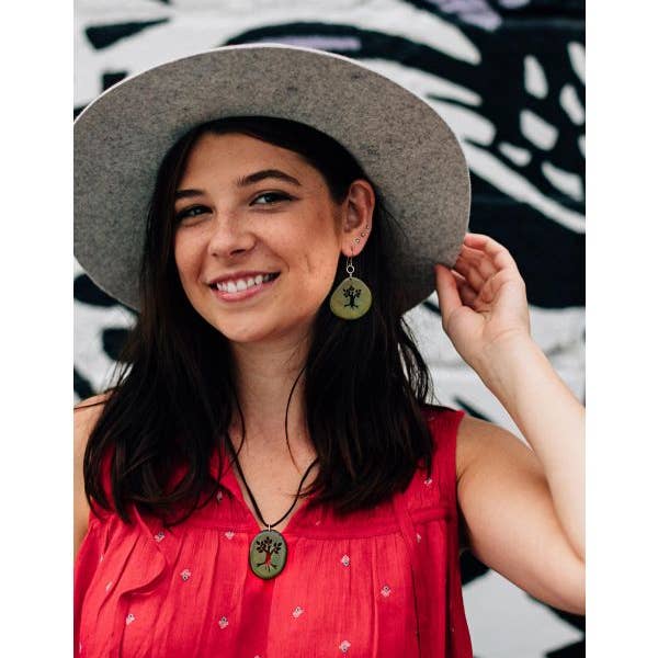 Green Tree Cut Out Tagua Earrings (2&quot; L)