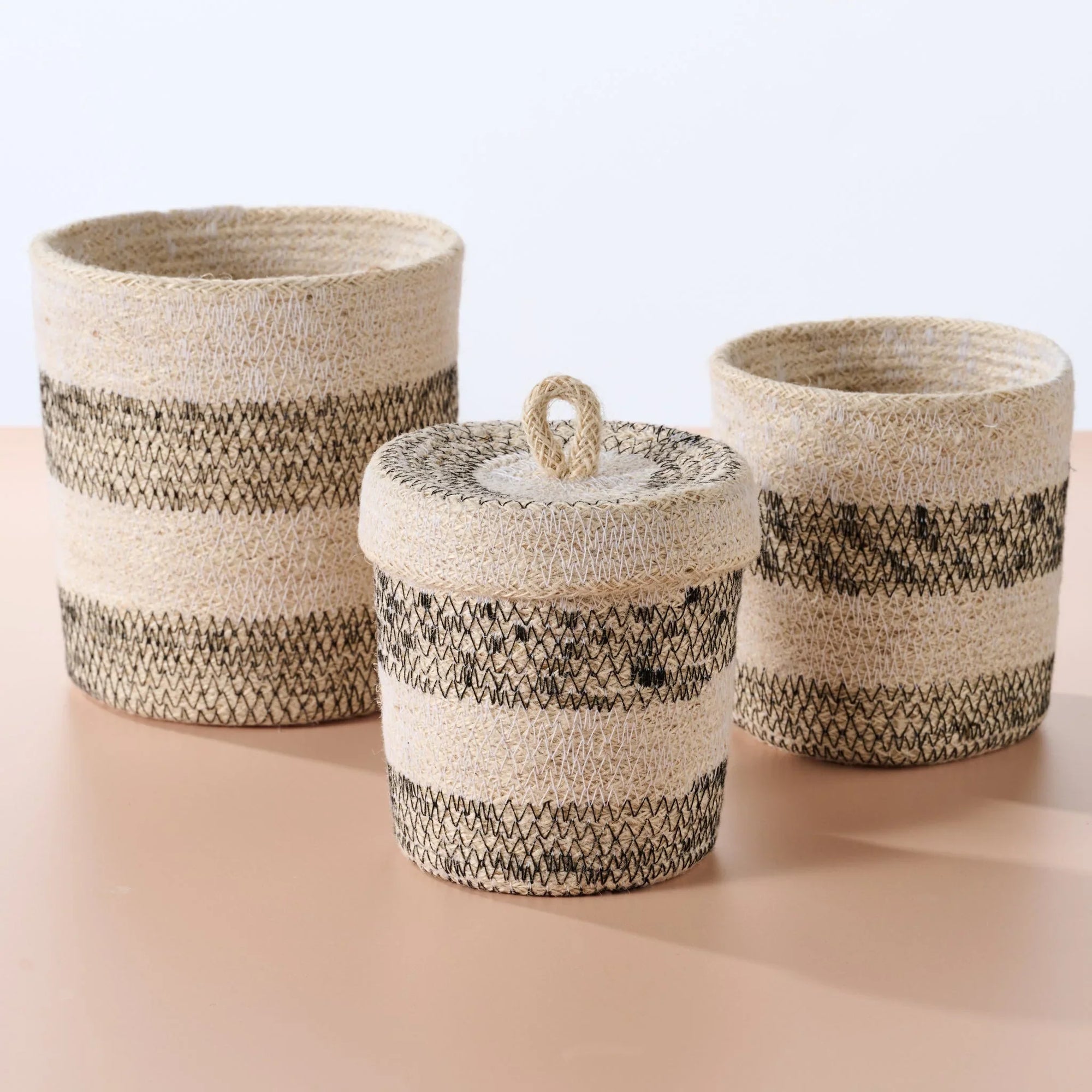 Striped Jute Basket with Lid (5&quot; D x 5&quot; H)