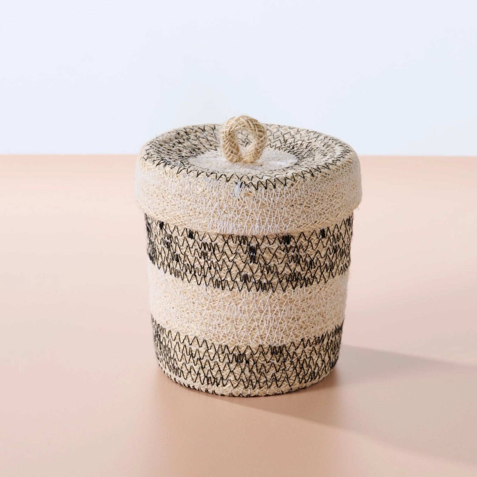 Striped Jute Basket with Lid (5" D x 5" H)