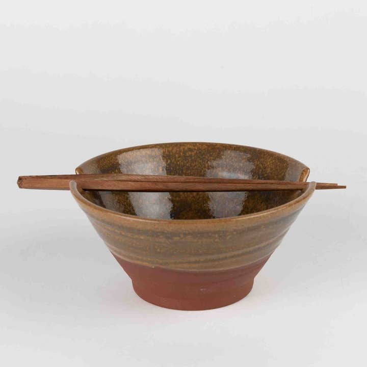 Ceramic Bowl with Chopsticks - Brown Ombre (6&quot; D x 3&quot; H)
