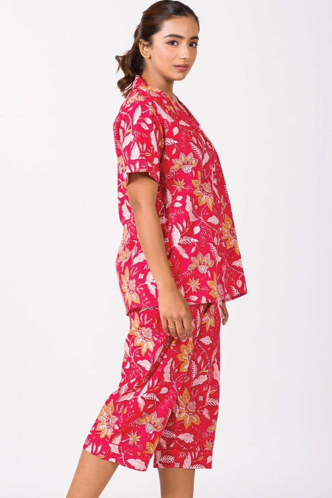 Red Floral Cotton Capri Pajama Set