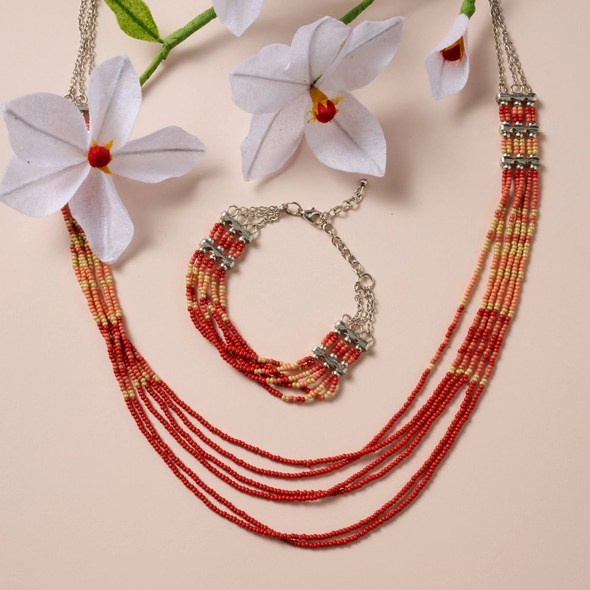 Multi-Strand Red &amp; Orange Beaded Necklace