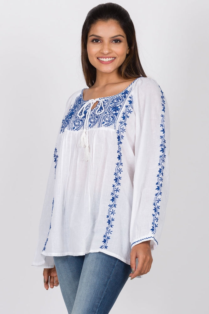 White/Blue Embroidered Cotton Asanga Tunic