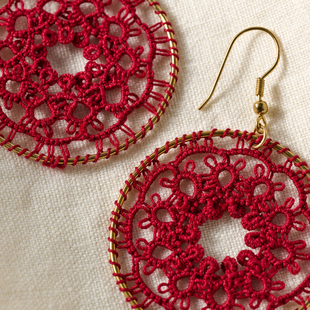Red Tatted Floral Earrings (1.75&quot; D)