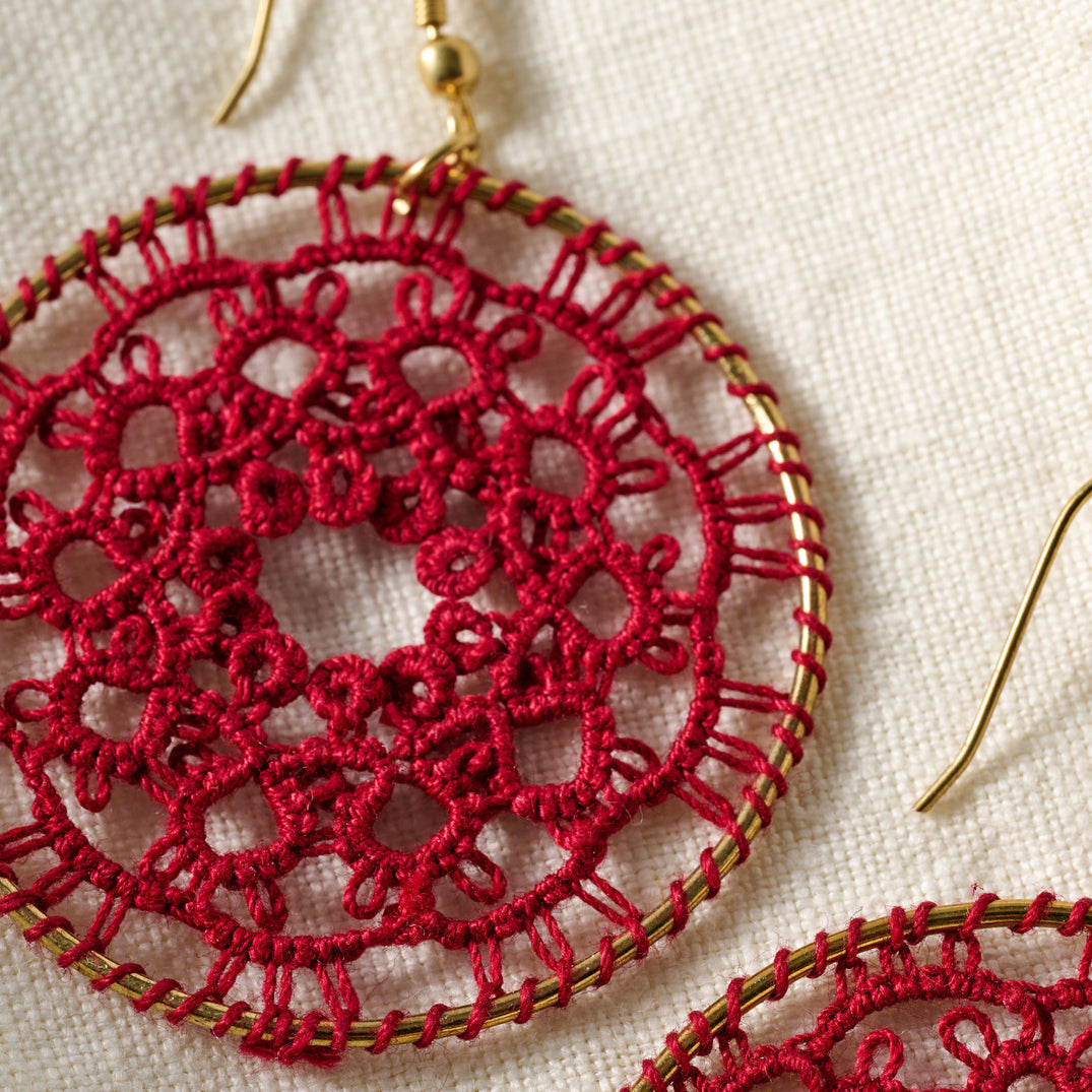Red Tatted Floral Earrings (1.75&quot; D)