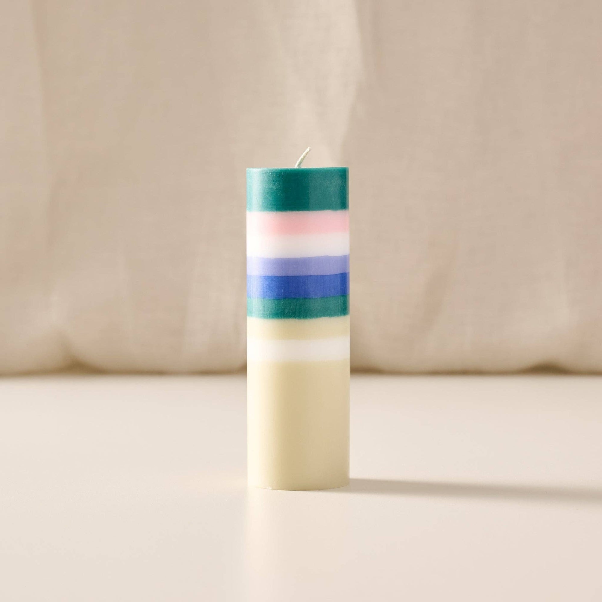 Blue Striped Short Palm Wax Pillar Candle