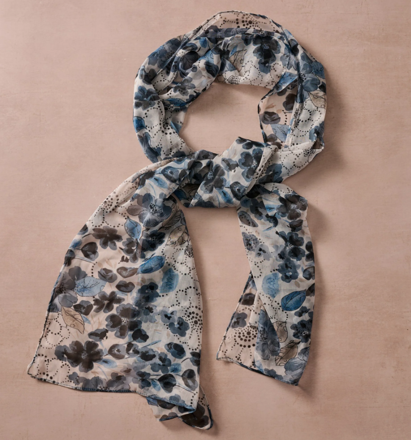 Blue and White Floral Chiffon Scarf