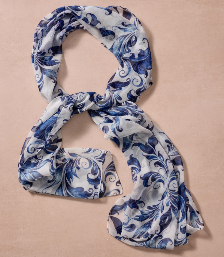 Blue and White Paisley Chiffon Scarf
