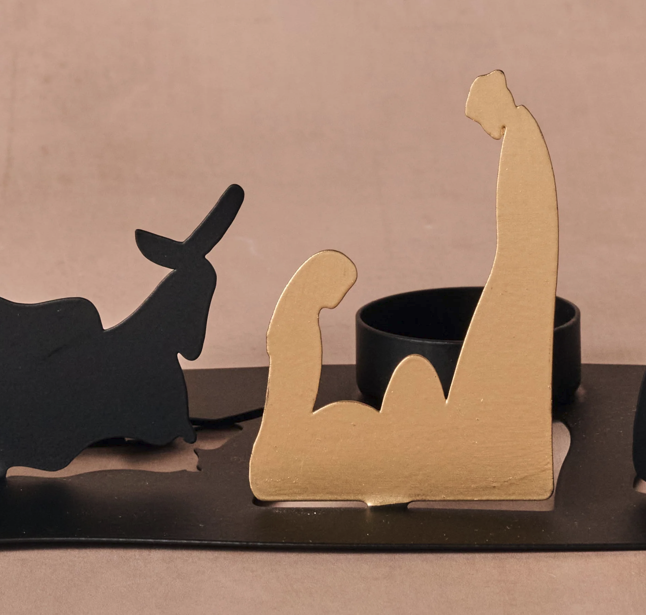 Black &amp; Gold Silhouette Iron Nativity Candleholder (9&quot; W X 7.5&quot; H)