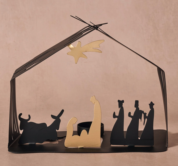 Black & Gold Silhouette Iron Nativity Candleholder (9" W X 7.5" H)