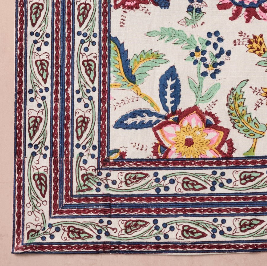 Floral Block Print Napkin with Vine Border