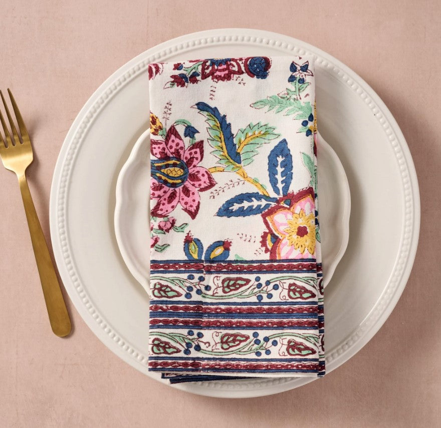 Floral Block Print Napkin with Vine Border