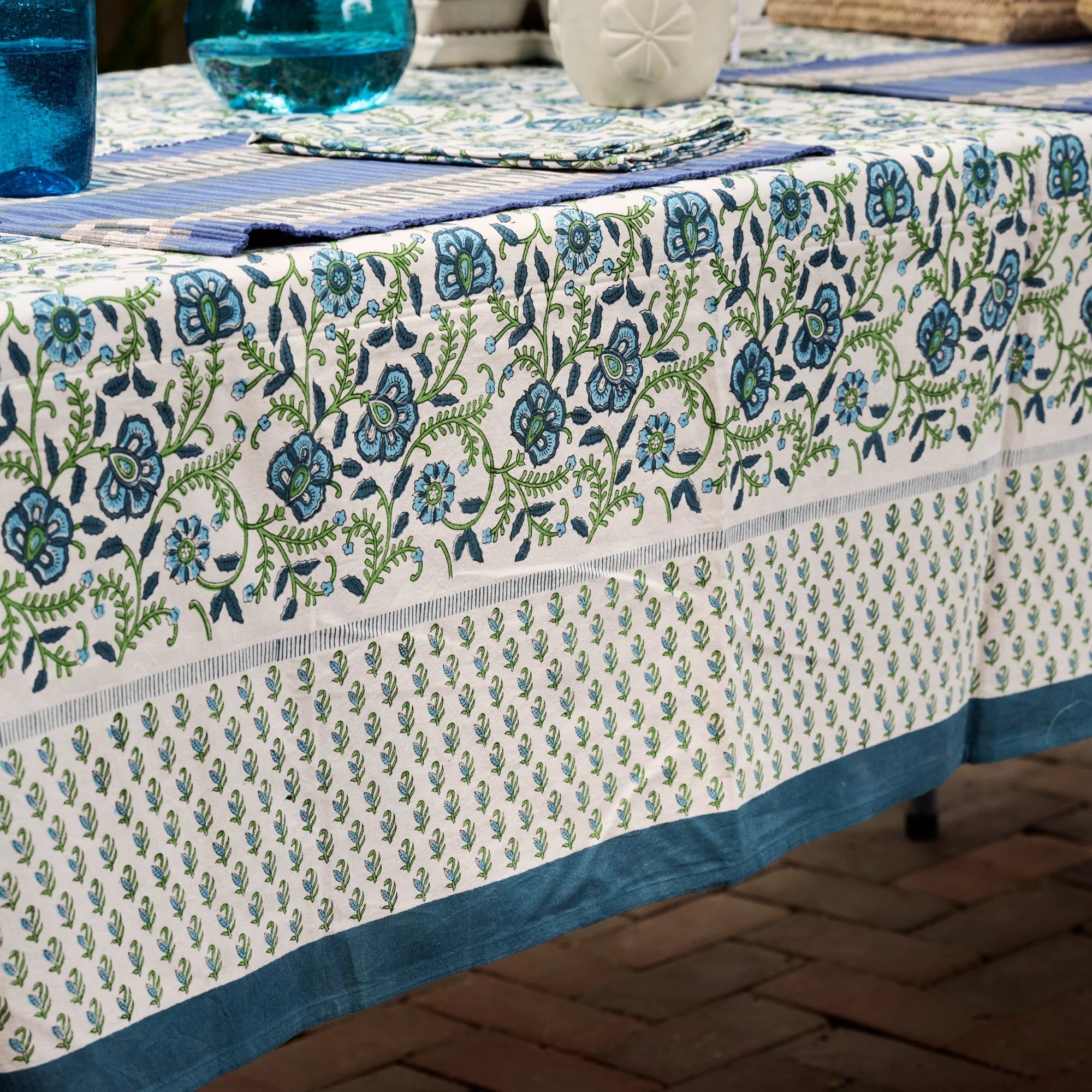Blue &amp; Green Floral Cotton Tablecloth (60&quot;x90&quot;)