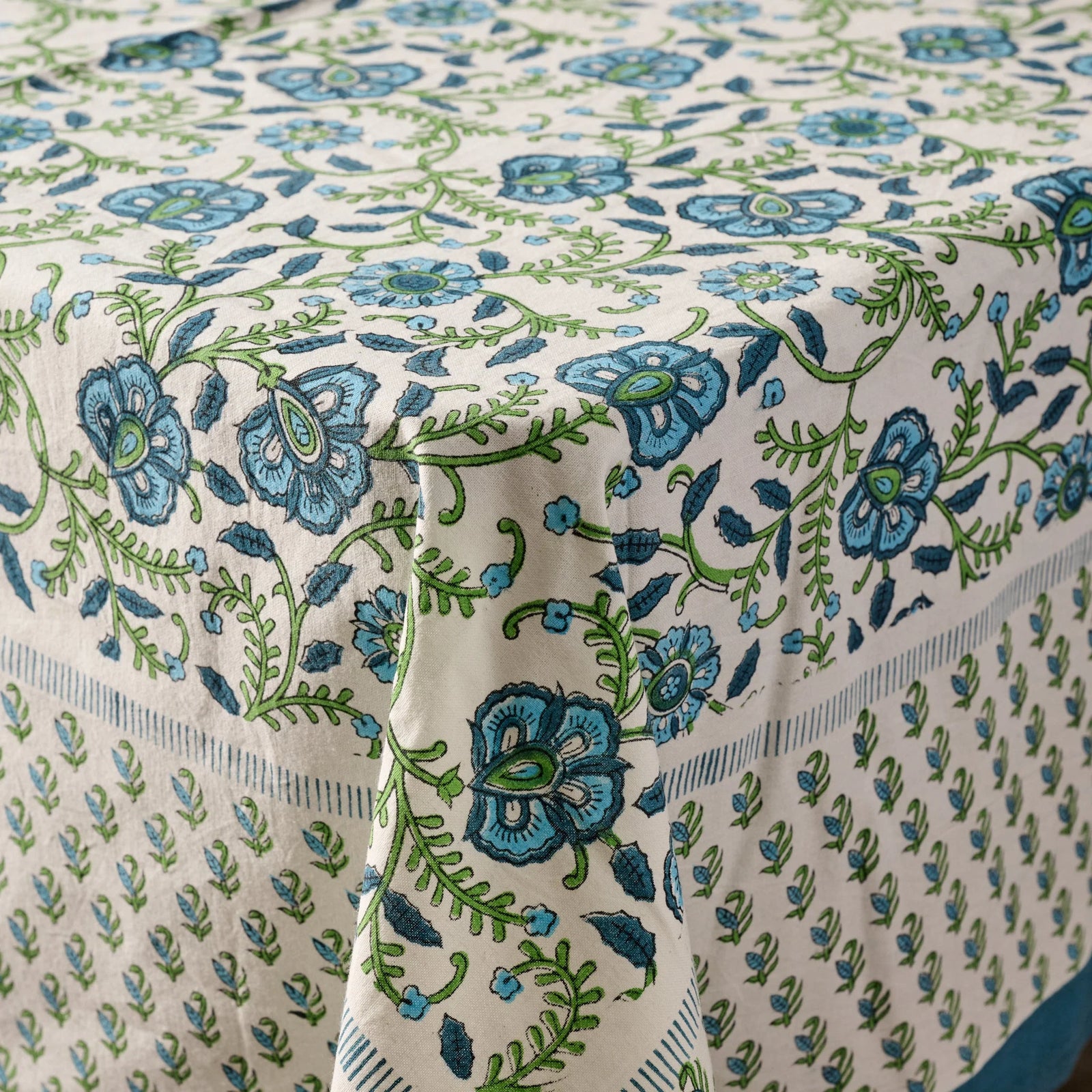 Blue & Green Floral Cotton Tablecloth (60"x90")