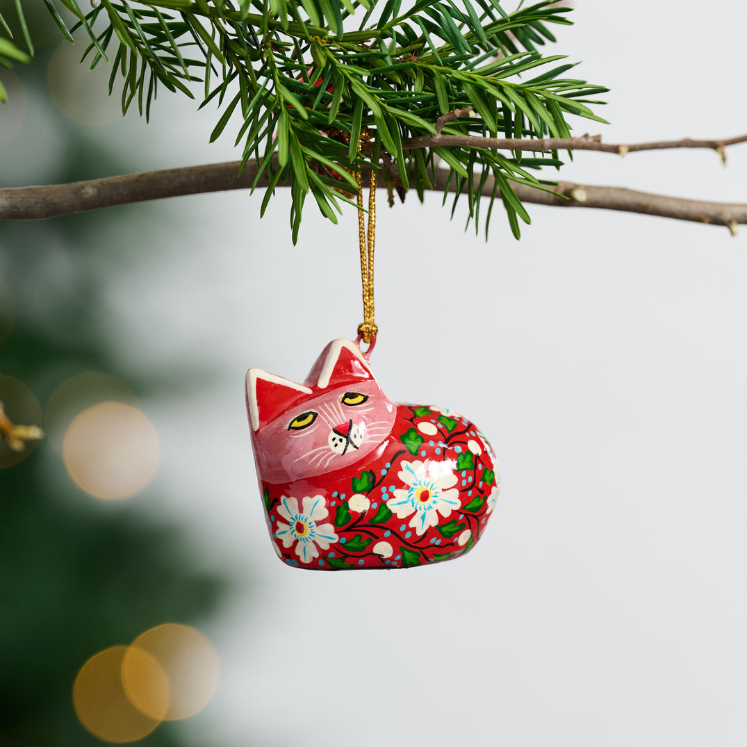 Red Paper Mache Cat Ornament (2&quot; W)