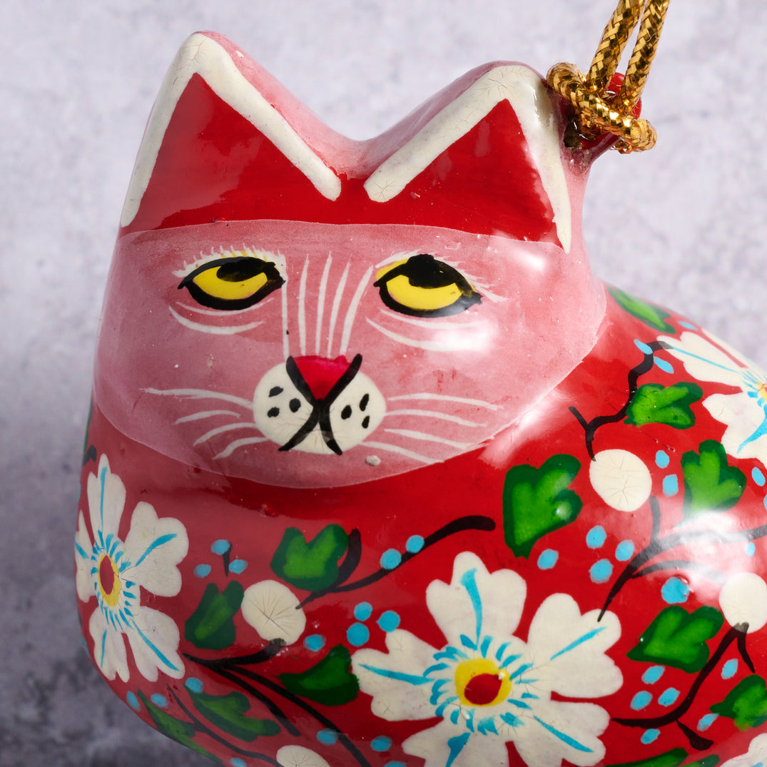 Red Paper Mache Cat Ornament (2" W)