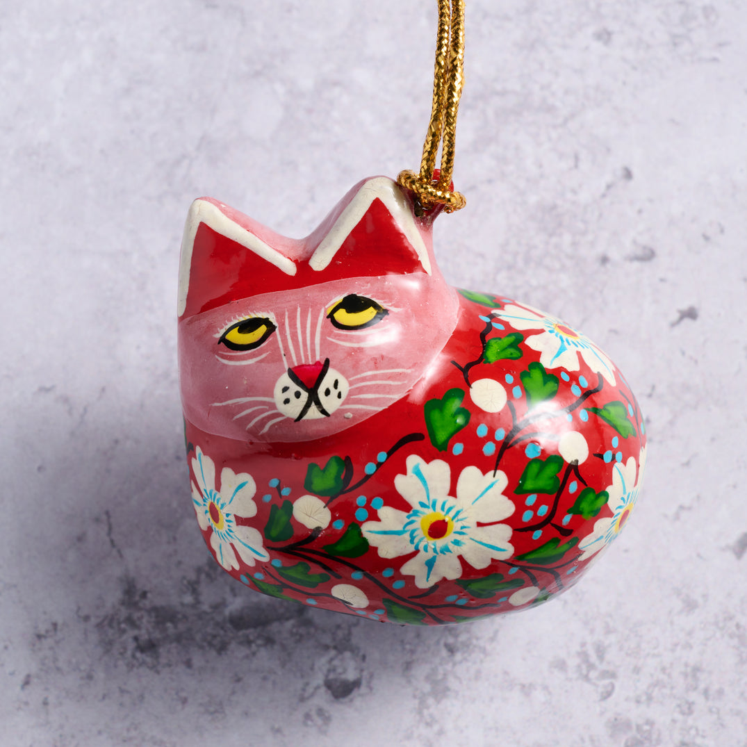 Red Paper Mache Cat Ornament (2&quot; W)