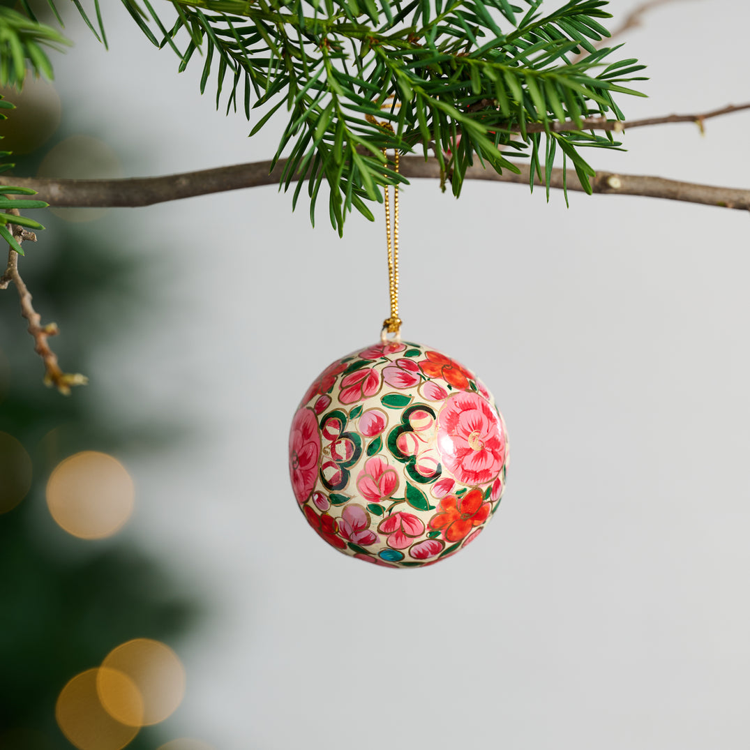 Floral Painted Paper Mache Ball Ornament (2.5" D)