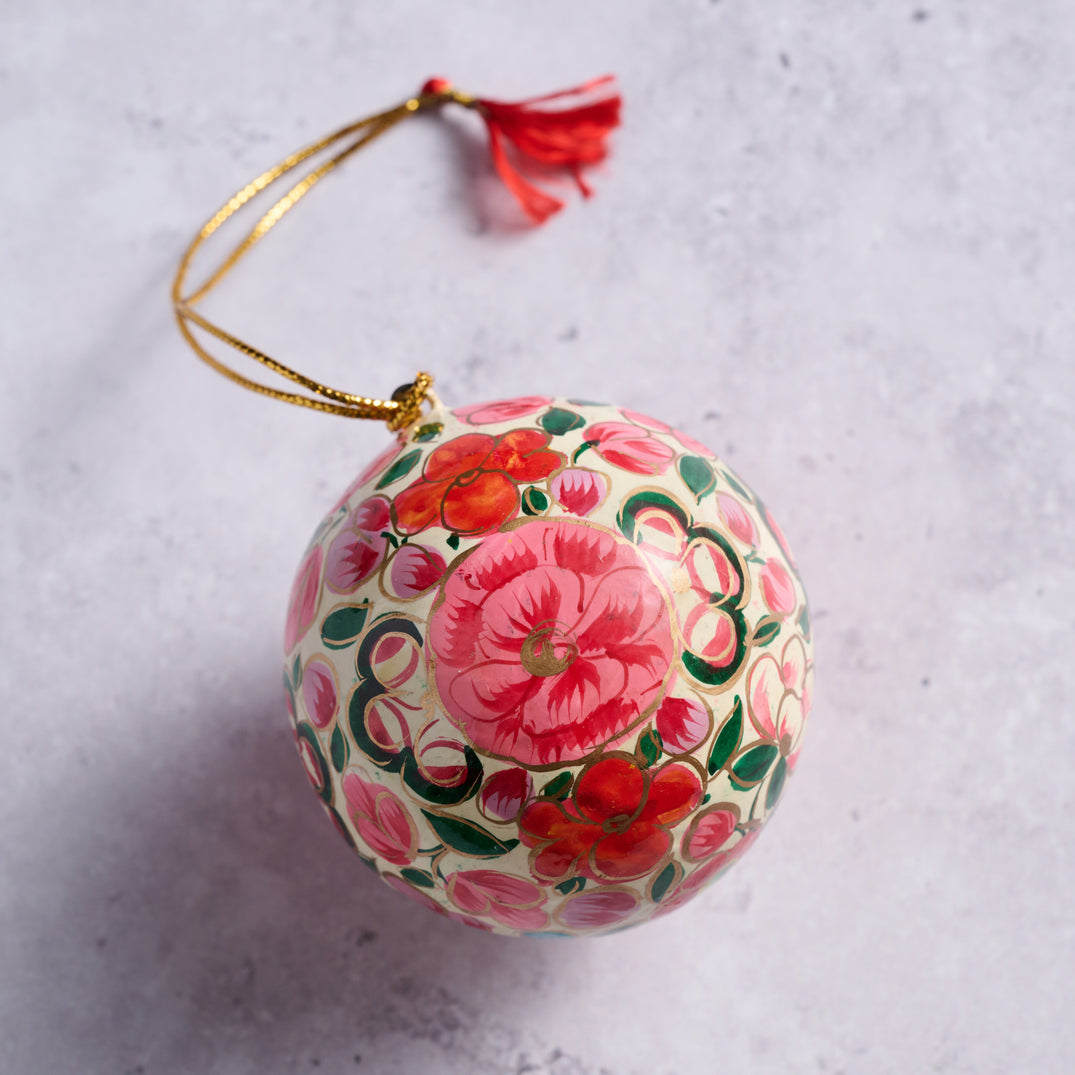 Floral Painted Paper Mache Ball Ornament (2.5&quot; D)