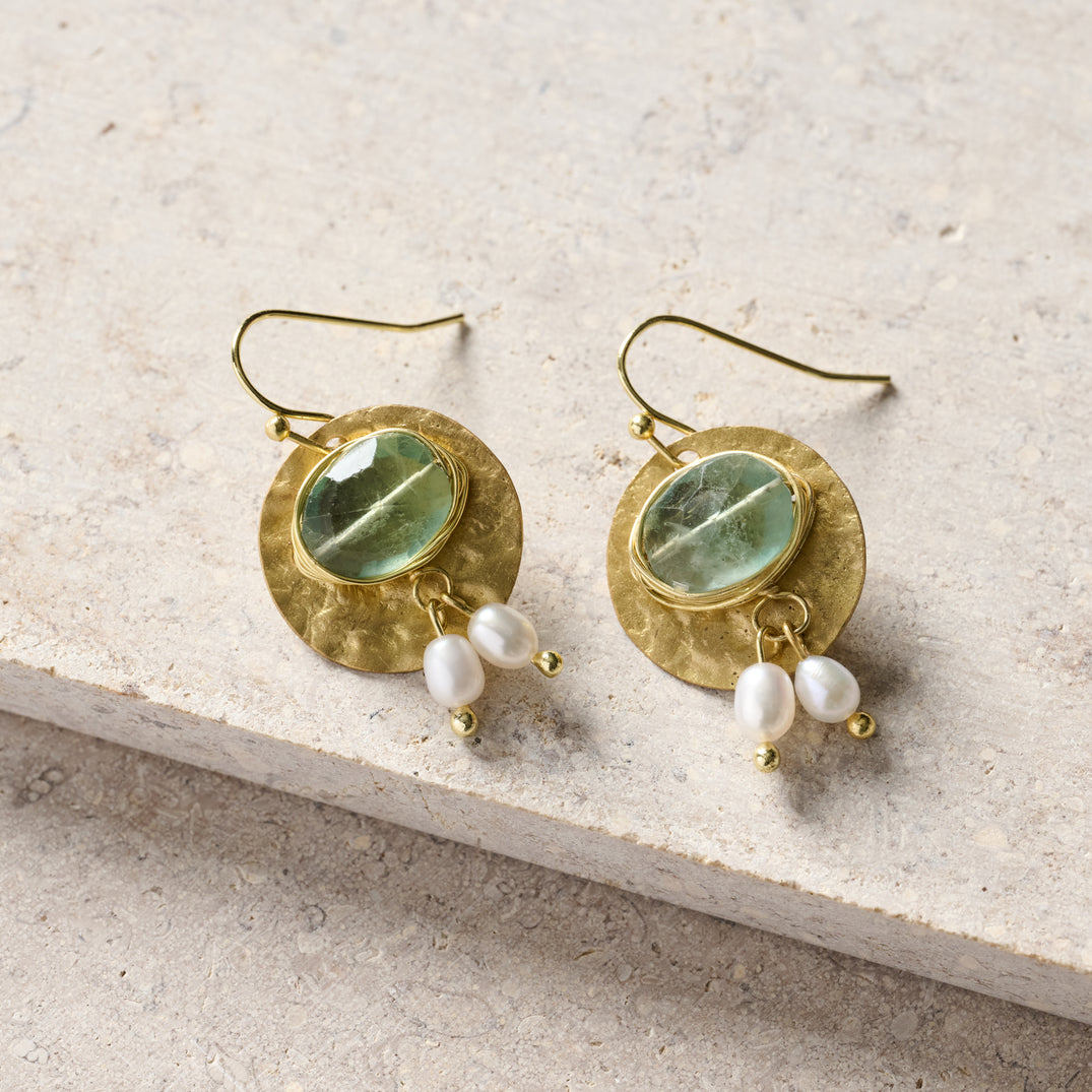 Brass Drop Glass And Pearl Earrings (1.5" L)