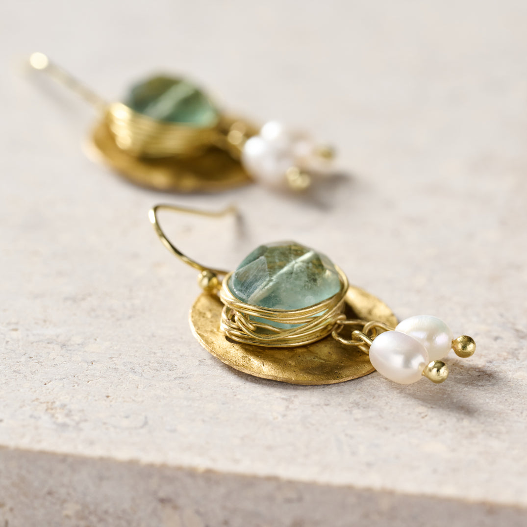 Brass Drop Glass And Pearl Earrings (1.5&quot; L)