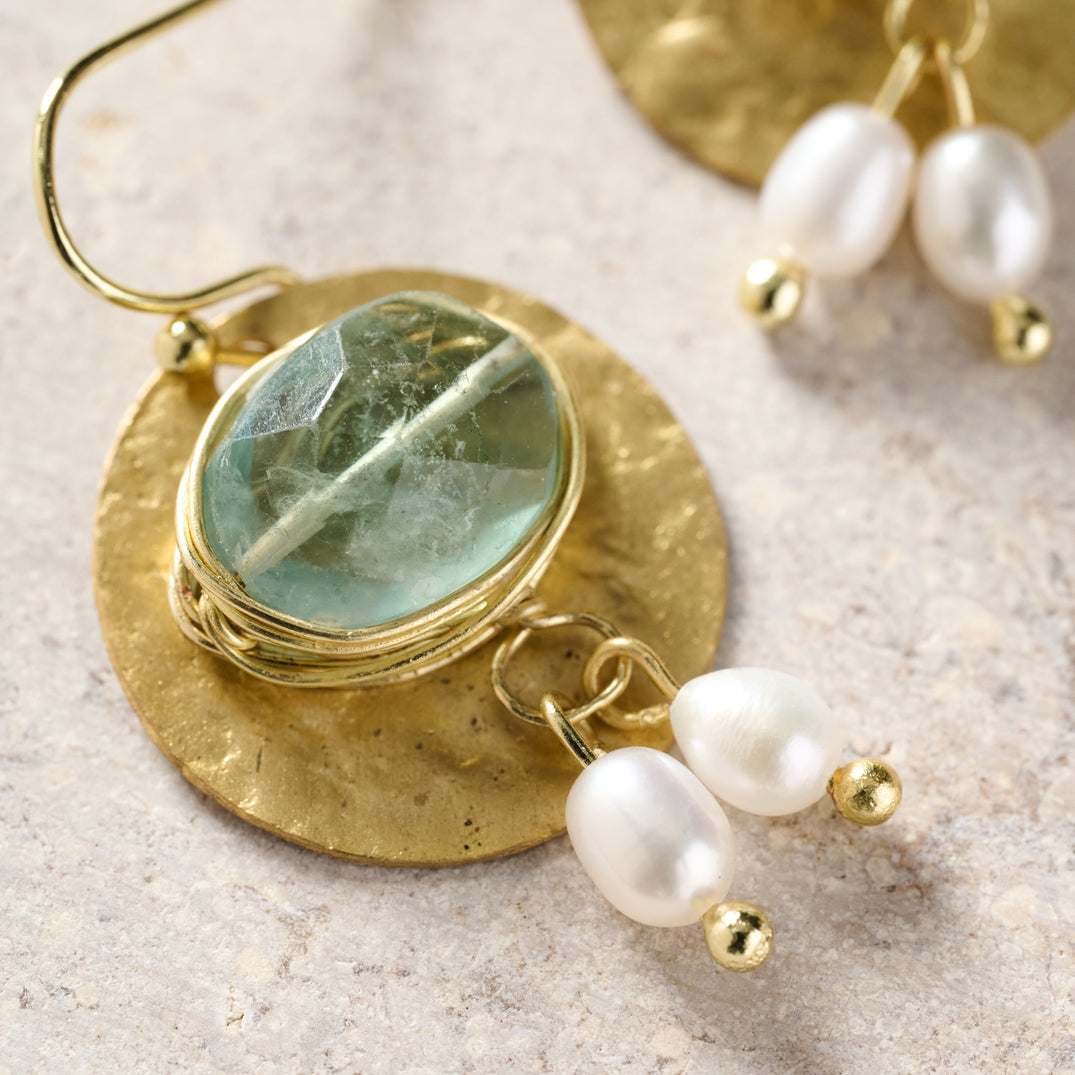 Brass Drop Glass And Pearl Earrings (1.5&quot; L)