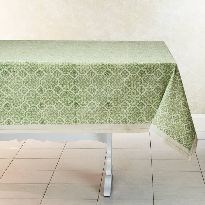 Mosaic Sage Block Print Cotton Tablecloth