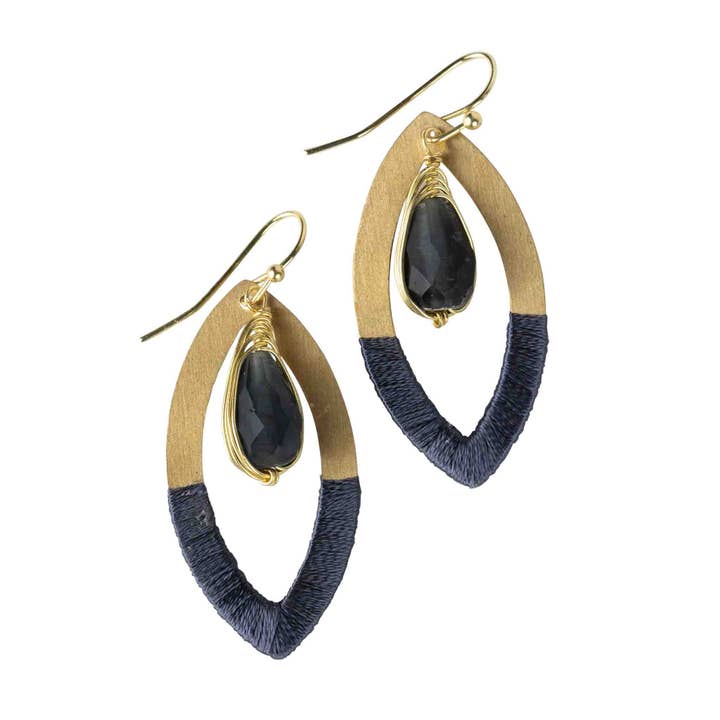 Brass & Blue Oval with Glass Bead Earrings (2" L)
