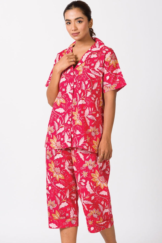 Red Floral Cotton Capri Pajama Set