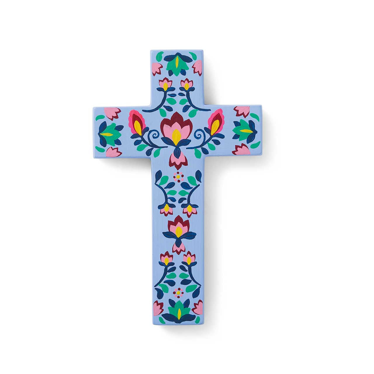 Blue Floral Handpainted Clay Cross (9" H)