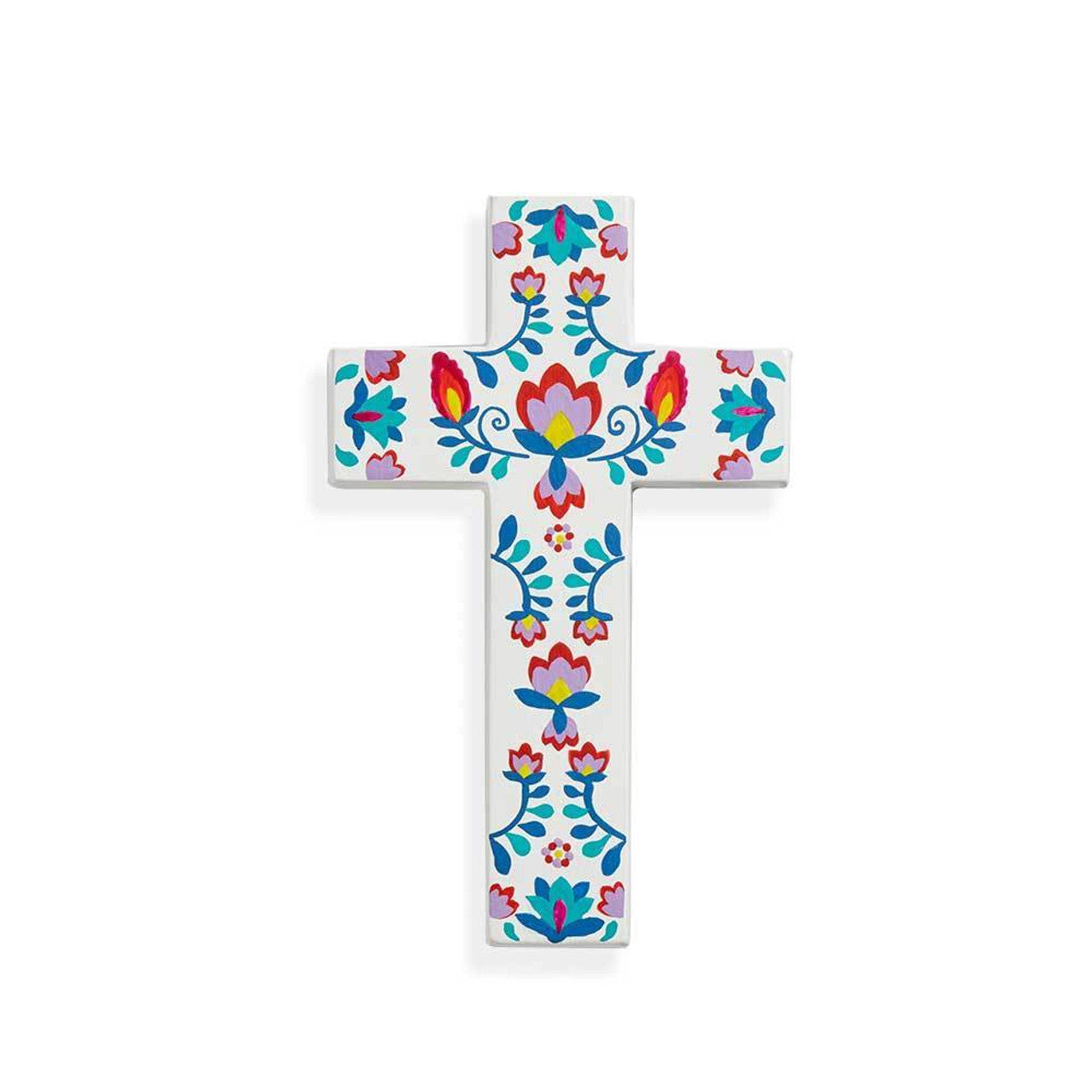 Floral Handpainted Clay Cross (9" H)
