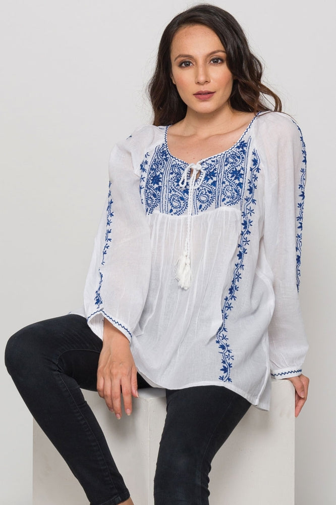 White/Blue Embroidered Cotton Asanga Tunic
