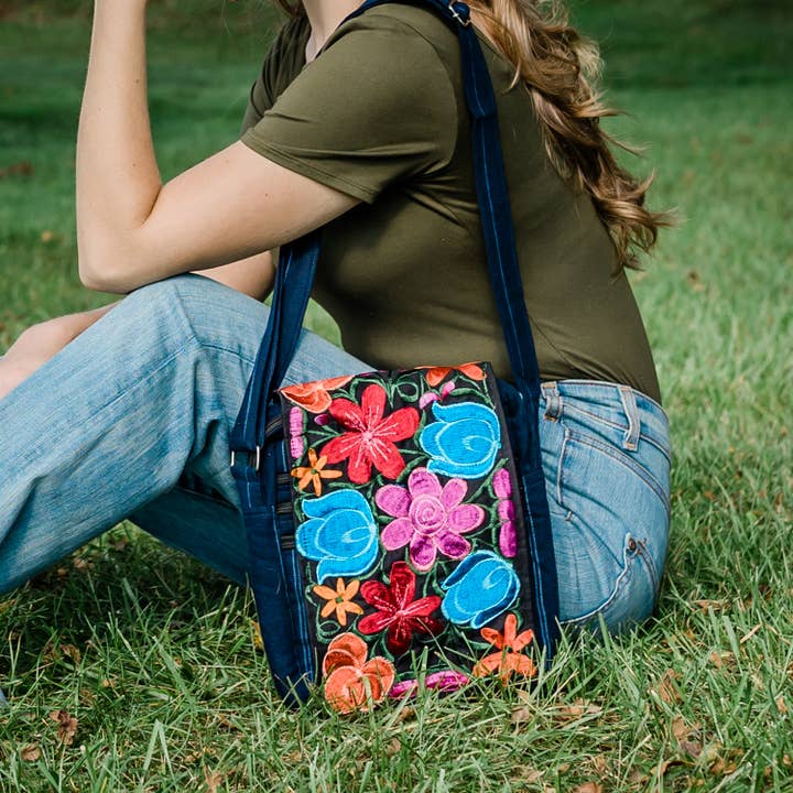Blue Embroidered Crossbody Bag (12" x 9")