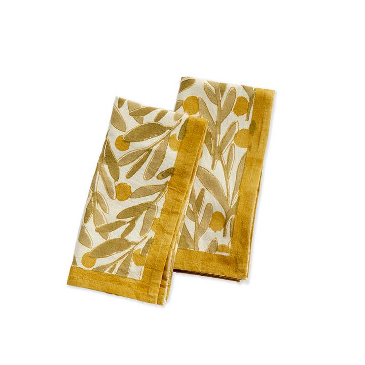 Gold Olive Branch Kalamkari Napkin (20" Sq)