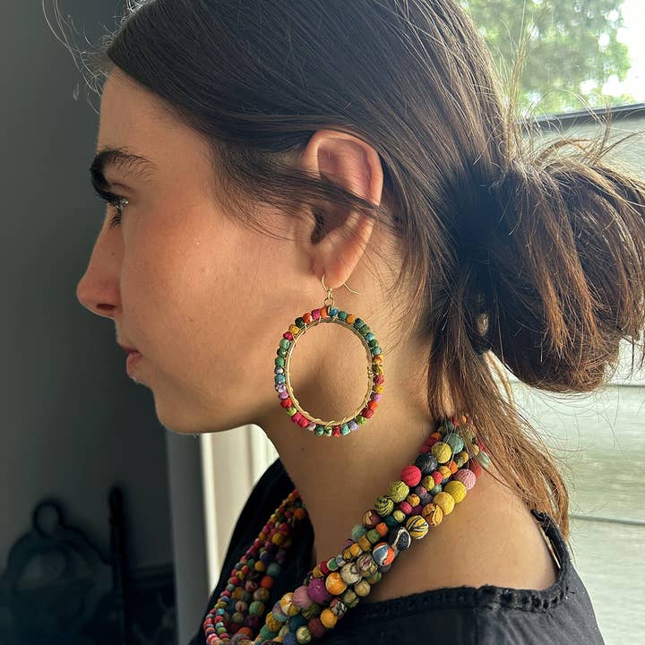 Kantha/Gold Milieu Hoop Earrings