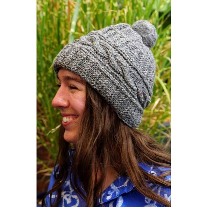 Cable Knit Wool Hat with Pom - Assorted