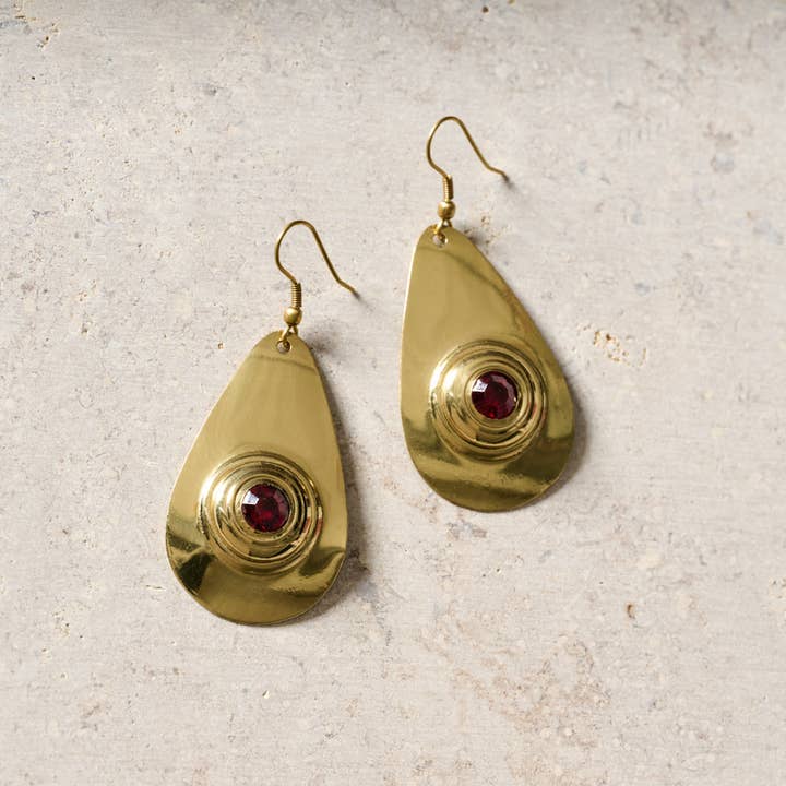 Brass Pear Red Glass Eye Earrings (2.5" L)