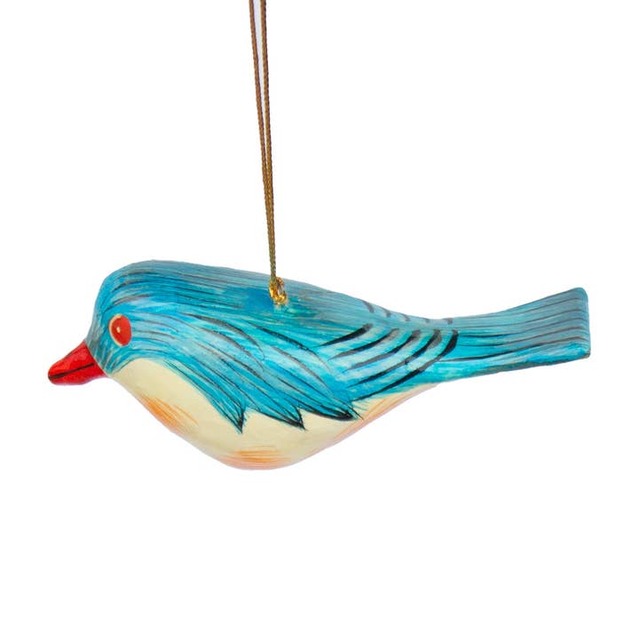 Blue Handpainted Papier-Mache Robin Ornament