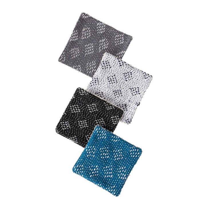 Blue/Grey/White Kantha Stitch Cotton Coasters - Set of 4