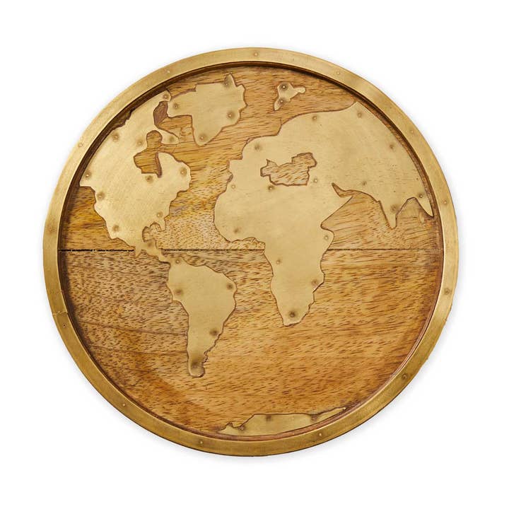 Globe Tray in Mango Wood with Brass Inlay (9" D)
