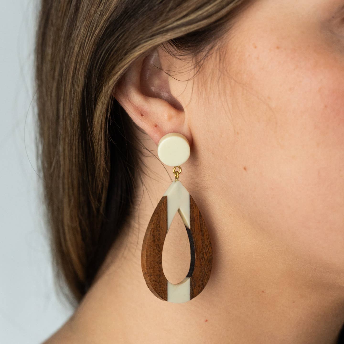 Wood &amp; Resin Teardrop Earrings (2.5&quot; L)