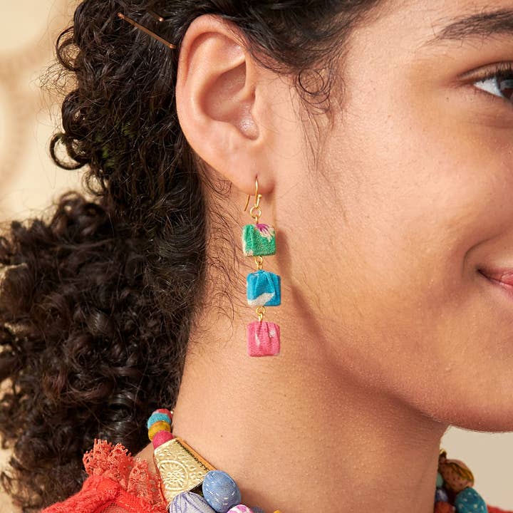 Trio Square Kantha Earrings