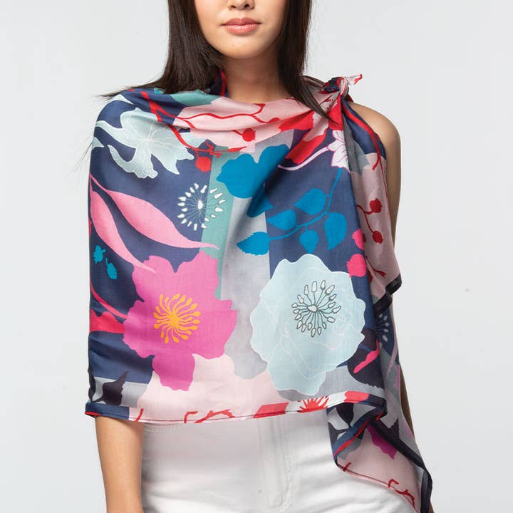 Navy/Fuchsia Floral Rishika Cupro Scarf