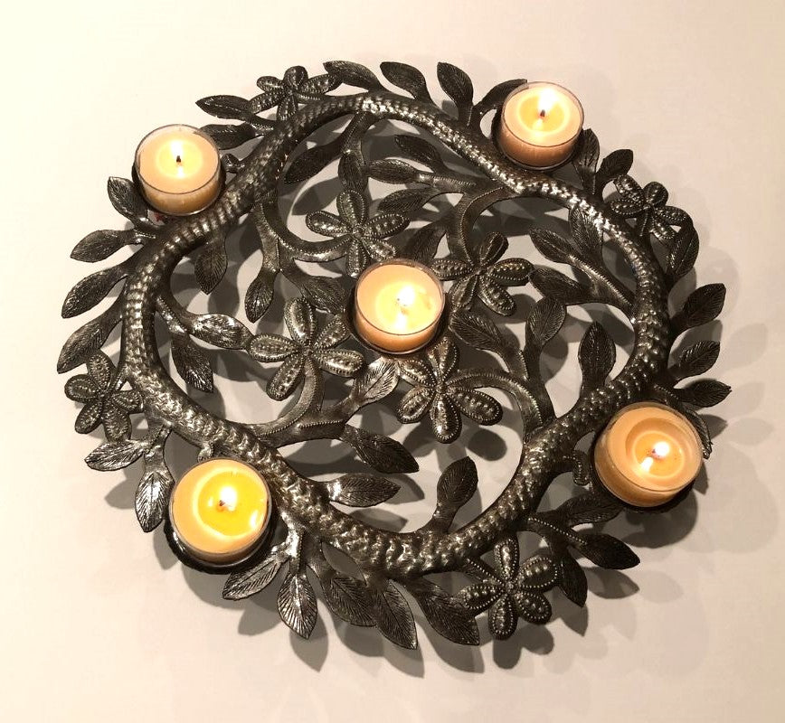 Candle Holder Centerpiece With Upcycled Metal, (6.5&quot; D)