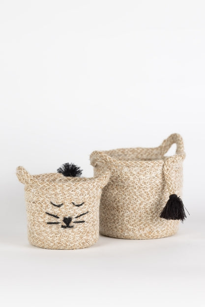 Large Cat Face Jute Basket (5&quot; D x 5.75&quot; H)