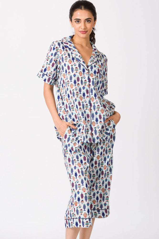 Multicolor Fish Cotton Capri Pajama Set