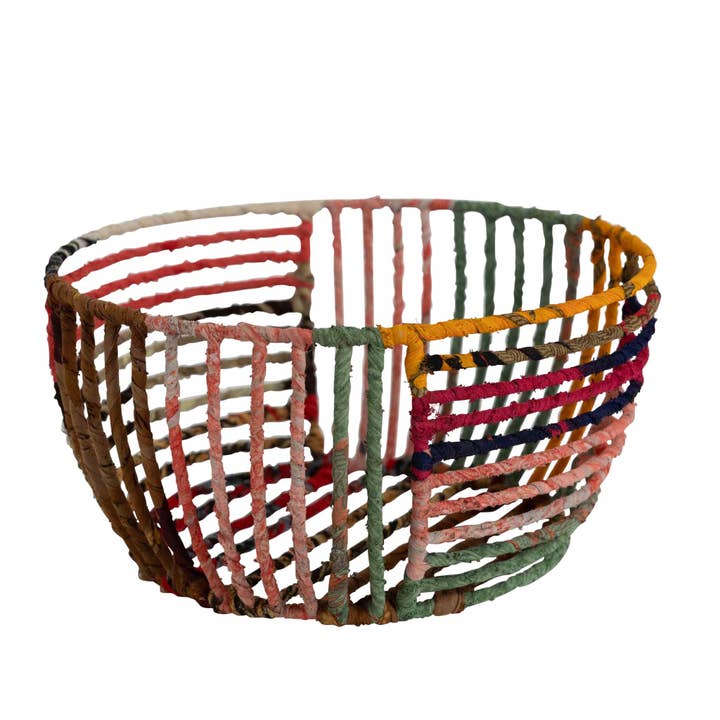 Sari-Wrapped Wire Basket (8" D x 4" H)