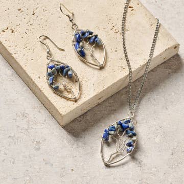 Lapis Tree Oval Earrings (2&quot; L)